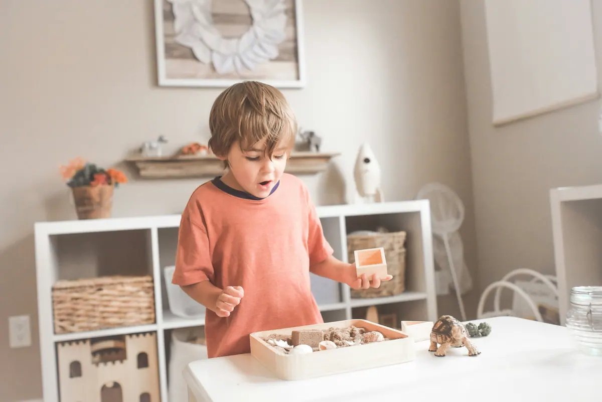 A child exploring a sensory play box with wooden blocks and shells during a Traina session